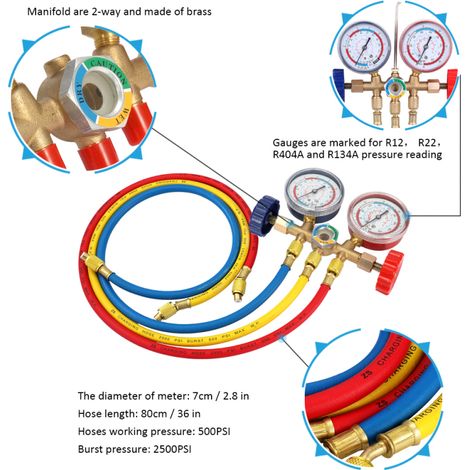 Manomètre de réfrigérant, kit d'outils de climatisation avec tuyau et crochet pour R12, R22, R404A et R134A