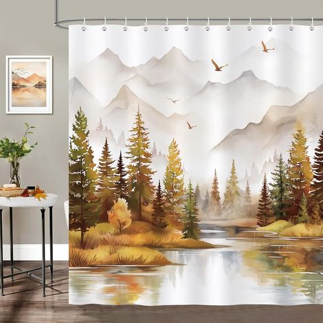 e Rideau de Douche Forêt Brumeuse Marron Aquarelle Montagne Rideau de Bain Tissu Polyester Anti Moisissure Imperméable Lavable Rideaux Salle de Bain 180 x 180 cm avec 12 Crochets pour Baignoire (1/5)