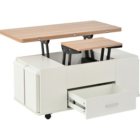 Table basse multifonction réglable en hauteur avec 4 tabourets et tiroir, blanc et bois naturel, 100 x 50 cm (1/5)