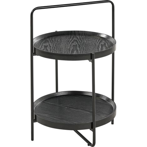 Mesa auxiliar moderna estructura de metal MDF estante 2 pisos redonda negro Evart