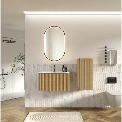 Conjunto de muebles de baño con lavabo, espejo LED y armario lateral, blanco mate y color roble (1/5)