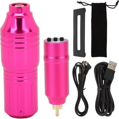 1300mAh Alimentation pour stylo à tatouage, Kit complet sans fil, tension réglable, faible bruit, écran LCD, avec câble RCA et clip, rose rouge (1/5)