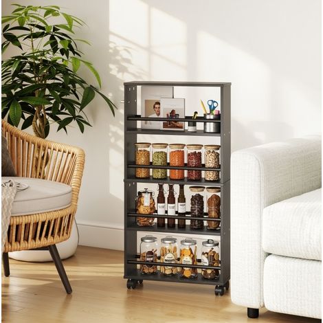 Nischenregal 45x15x91 cm schwarz aus Holz mit 4 Fächern und Rollen (1/4)