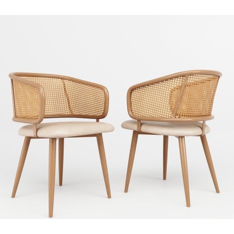 2 chaises de salle à manger, chaises de salle à manger avec dossier en rotin, coussins d'assise en cuir PU, confortables et respirants, beige (1/5)