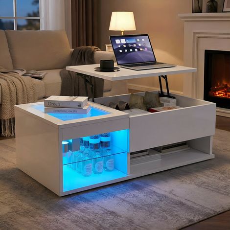 Table basse relevable blanche à LED 100x55 cm – plateau brillant verre, rangement multi‑compartiments, hauteur ajustable pour salon (1/5)