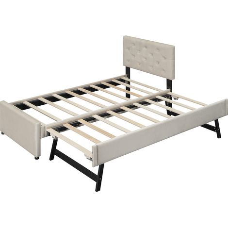 Polsterbett 90x200 cm mit Lattenrost und ausziehbarem Rollbett aus Samt Beige MODENUIT (1/5)