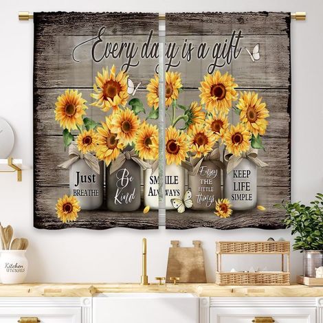Rideaux Courts Rétro Motif Tournesol – 70 x 99 cm – Lot 2 – Pour Cuisine, Café, SDB, Salon, Chambre – Décoration Rustique Campagne (1/5)