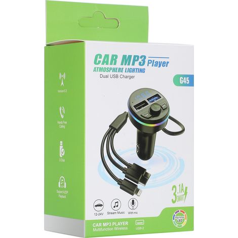 G45 Auto-Bluetooth-MP3-Player mit 1-zu-3-Ladekabel, 5V/3A-Schnellladefunktion, Freisprechfunktion, V5.3 – G45 Farbbox-Verpackung (1/3)