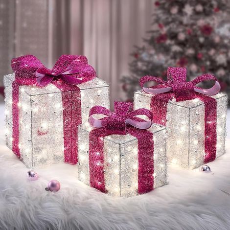 Cadeau Lumineux Noël 140 LEDs, 3Pcs Boîtes cadeaux Lumineuses avec Nœuds Rose, Coffret Cadeau Décoration Noël avec Guirlande Lumineuse Blanc Chaud, Déco Noël Intérieur pour Maison Arbre de Noël