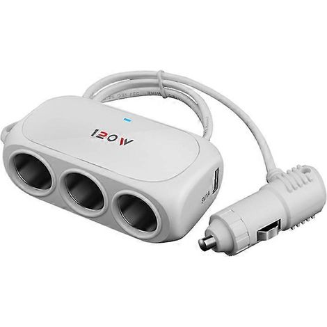 Chargeur de voiture allume-cigare 1 en 3 pour téléphone portable USB, blanc (1/4)