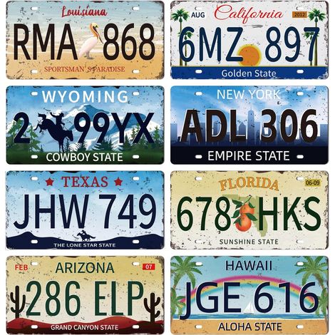 8 Pièces Plaque en Métal Vintage D'Immatriculation de Voiture USA 12×6pouces en Métal Signe Plaque Rétro Répliques de Vraies Plaques Américaines pour la Maison Bar Café Boutique Club