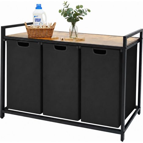 Relaxdays Cesto ropa 3 sacos extraíbles, 150 L, repisa efecto madera, 73,5 x 109,5 x 33 cm, negro/natural (1/5)