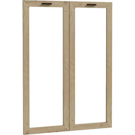 Lot de 2 portes vitrées pour bibliothèque MANOLO – Décor chêne rustique – Charnières soft close – Poignées métal noir – Meubletmoi (1/5)