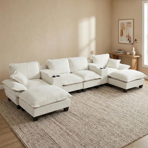 Canapé Panoramique U Modulable XXL 392 cm - Design Nuage Voilier en Chenille avec 2 Consoles Rangement, USB, Porte-Gobelet et 2 Poufs - Beige