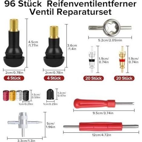 Valve Pneu Voiture TR412 TR413, 96 PCS Demonte Obus Kit, avec Extracteurs de Noyau Core, Capuchons Valve, Outil Kit Reparation pour Valves Tubeless Pneus Voitures, Vélos, Motos - (1/4)