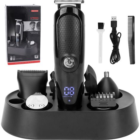 Tondeuse à cheveux électrique avec 5 têtes de coupe, étanche, tondeuse nez et barbe, kit d'outils de coupe et de soin pour hommes (1/5)