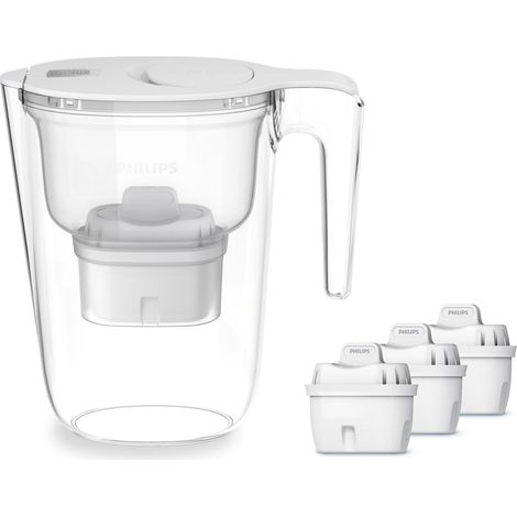 Philips Water Caraffa Filtrante + 3 Cartucce Filtranti di Ricambio, Filtrazione Avanzata, Flusso rapido, Timer elettronico, Filtra Cloro, Calcare, Metalli Pesanti e Microplastiche, Bianco, 2.6 Litri (1/4)