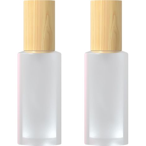 Bouteille Pompe Verre Dépoli - Couvercle Grain Bois - Réutilisable - Pour Produits Cosmétiques Liquides - Lot De 2 (1/5)