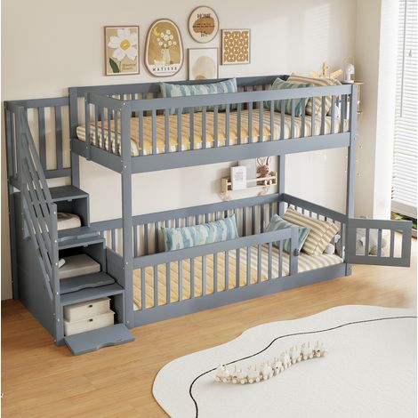DESVIAE Lit superposé enfant 90 x 200 cm avec escalier de rangement et tiroirs gris en bois massif avec porte lit cabane et barrières de sécurité (1/5)