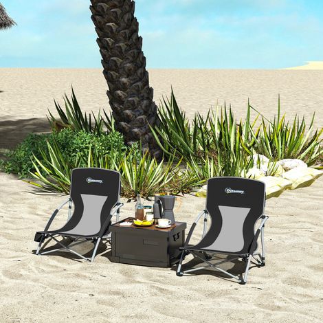 Lot de 2 chaises de plage pliantes et légères avec dossier en maille, accoudoirs et sac de rangement, 58 x 55 x 62 cm, noires