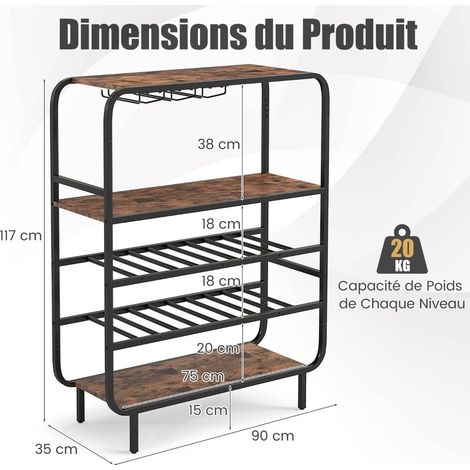 Étagère à bouteilles de vin en métal à 5 niveaux avec porte-verres et rangement pour 16 bouteilles pour cuisine (1/5)