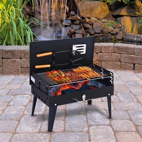 Portable Charcoal BBQ Grill Folding Barbecue with Adjustable Height, Black Iron Camping Picnic BBQ with Handle & Tools