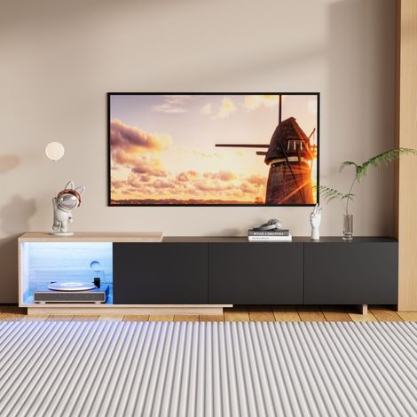 JOOKGBD-TV-Schrank 240x38x44 cm mit LED-Beleuchtung,ausziehbarer Fernsehtisch 163-240 cm,Lowboard mit 3 Schubladen und offenen Fächern, Hochglanz Schwarz und Naturholzoptik,für Wohnzimmer,Schwarz
