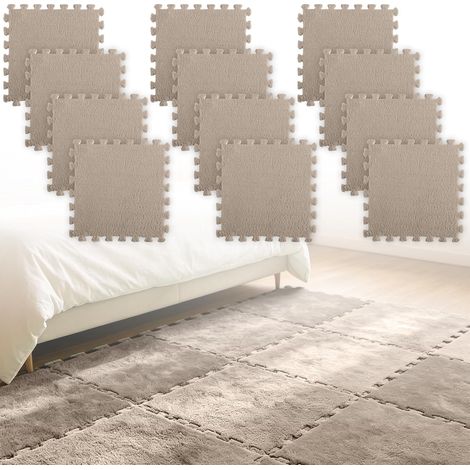 Lot de 12 tapis emboîtables en mousse pelucheuse, 30 x 30 x 1 cm, carreaux de sol emboîtables en mousse pour salon, chambre à coucher (marron clair) (1/5)