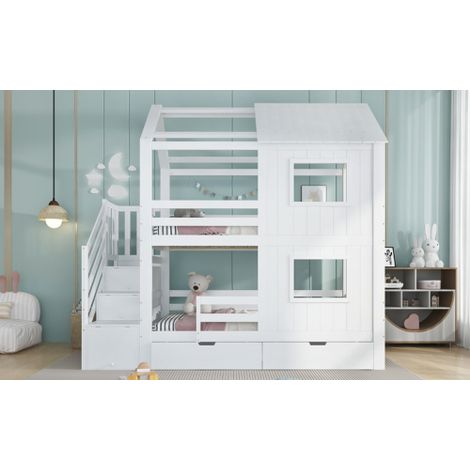 Etagenbett, Kinderbett, Treppenschrank mit Ablagefächern, Aufbewahrungsschublade mit Rollen, Schöne Fenster und Dach, Stabile Lattenroste, Kiefer + MDF+Sperrholz