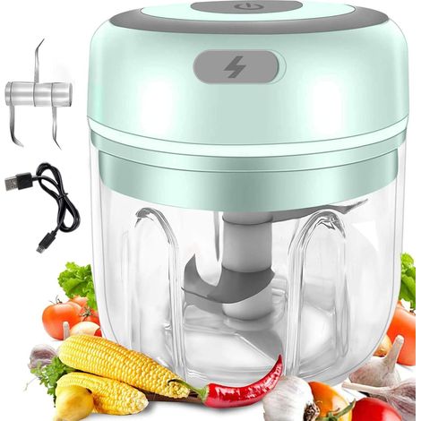 Mini hachoir à ail électrique, robot culinaire portatif sans fil, hachoir portable rechargeable par USB compatible avec les oignons, le gingembre, le piment et la citrouille (vert) (1/4)