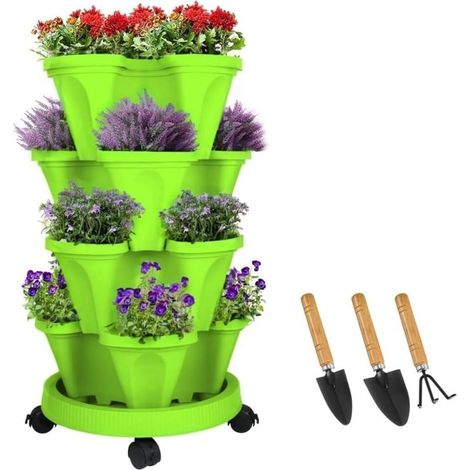 Jardinière empilable, Tour de Jardin Verticale, Ensemble de jardinières Verticales pour Fraises, Herbes, Fleurs (Vert, 4 Niveaux) (1/5)