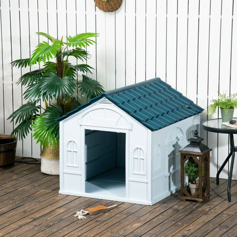 Hundehütte für mittelgroße und große Hunde mit schrägem Dach und Eingangstür, wasserdichte PP-Hundehütte, 84,2 x 98,2 x 82 cm, Blau