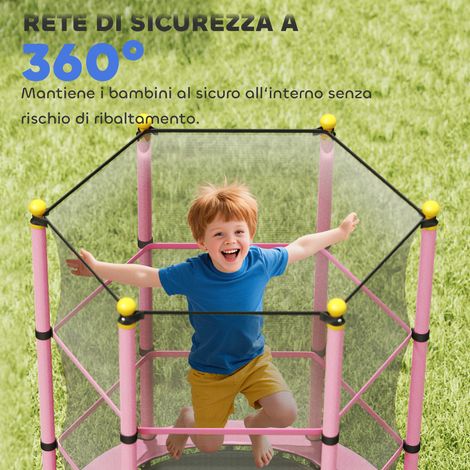 Tapis de saut enfant avec filet de sécurité et poteaux matelassés, Ø140x190 cm, rose, pour âges 3-10 ans