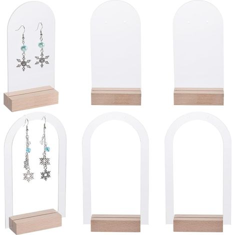 Sollbry Lot de 6 supports acryliques pour boucles d'oreilles - Présentoir bijoux acrylique - Creux transparent - Base bois - Rangement boucles (1/5)