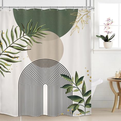Rideau De Douche - Polyester Imperméable - Design Boho Milieu Du Siècle Avec Motifs Abstraits Feuilles Dorées - Vert Sage - 152 X 183 Cm - 1 Pièce (1/4)