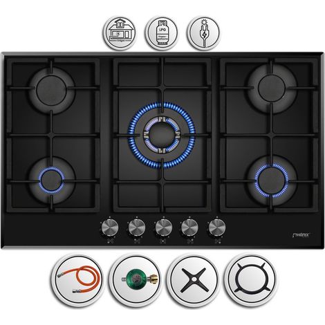 Phönix PG-901T Gaskochfeld 5 flammig Glas Einbauherd 90cm LPG/Erdgas
