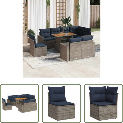vidaXL Canapé en résine - Salon de jardin 9 pcs avec coussins gris résine tressée (1/5)