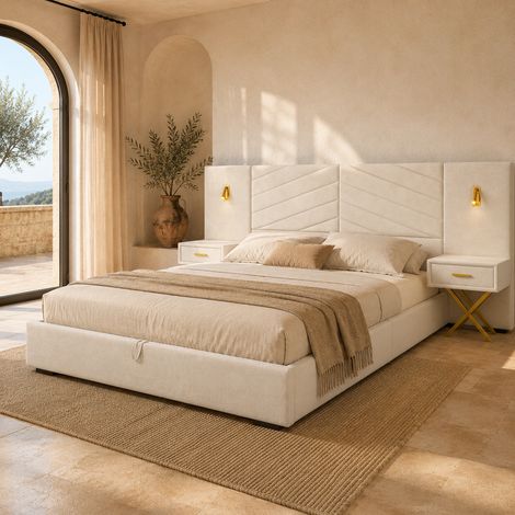 Lit coffre rembourré 160x200 cm lit capitonné double avec LED, 2 bancs, tête de lit matelassée, grand rangement, velours, beige (1/5)