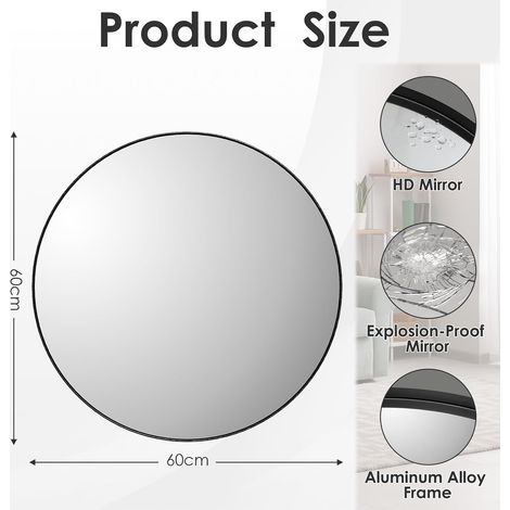 Round Wall Mirror 60cm, Black Framed Circle Mirror with Tempered Safety Glass, large Decorative Hanging Vanity Mirror for Wall, Hallway, Bathroom, Living Room & Bedroom Decor (1/5)