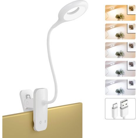Lampe de lecture LED à pince, peut être fixée à la tête de lit, lampe portable sans fil à piles, convient aux cadres de lit et aux bureaux (blanche). (1/5)