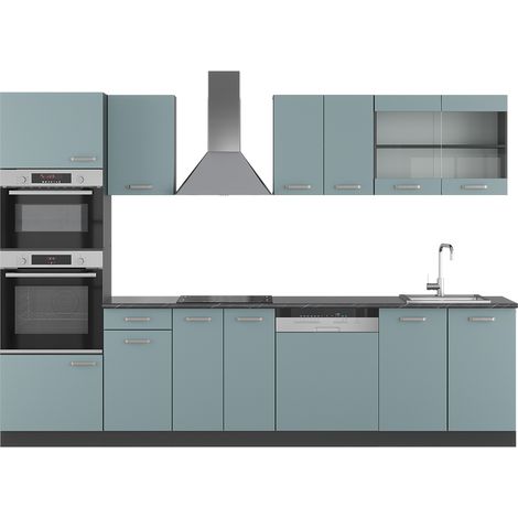 Cucina componibile R-Line, Blu-grigio/antracite, 300 cm con armadio alto, PL Antracite, Vicco