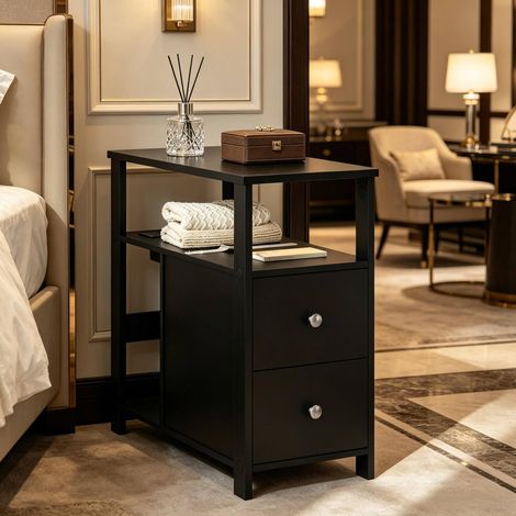 Tavolino laterale 60x60x30 cm con presa e 2 USB, 2 cassetti e 3 vani, legno con melamina nero (1/5)