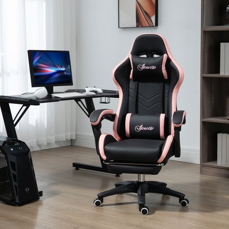 Gaming-Stuhl, ergonomischer Gaming-Stuhl mit um 135° verstellbarer Rückenlehne und Lendenwirbelstütze, 65 x 65 x 121–129 cm, pink