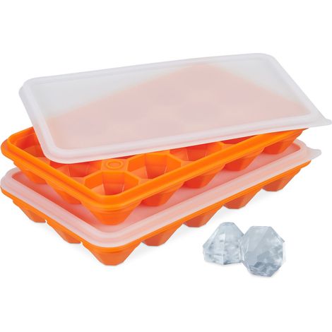 Relaxdays Eiswürfelform mit Deckel, 2er Set, Diamantform, je 15 Mulden, Silikon, Eiswürfelschale, orange/transparent