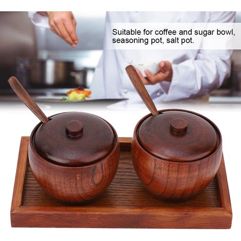 2 pots à épices en bois avec couvercles, cuillères et soucoupes (1/5)