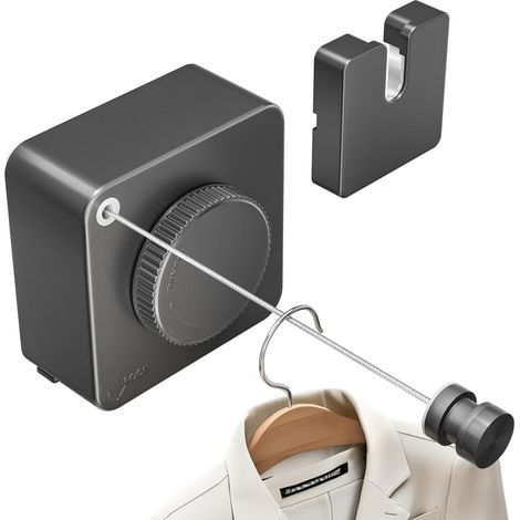 Étendoir à linge rétractable pour intérieur et extérieur, résistant et non affaissé, en acier inoxydable, fixation murale, 4,6 m (noir) (1/5)