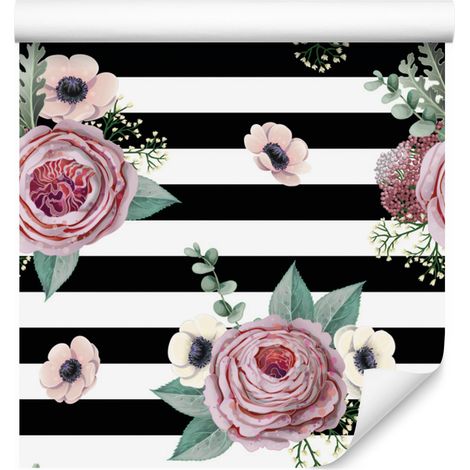 Precioso papel pintado de rosas, anémonas y hojas para salón y dormitorio, 50x1000 cm. (1/5)