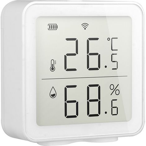 Intelligenter WLAN-Temperatursensor für die Hausautomation, kompatibel mit Alexa, Alarm und der Tuya-App. ABS, 64 mm, 3 AA-Batterien. (1/5)