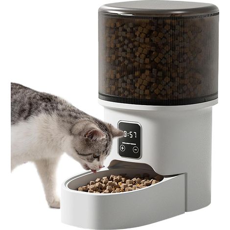Noir et Blanc Distributeur Croquettes Chat Automatique,4L Distributeur Croquettes Chat avec Minuterie Programmable pour Chats et Petits Chiens, 1-6 Repas par Jour (1/5)