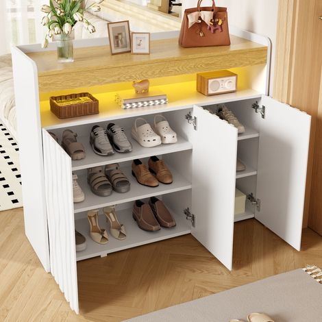 Meuble à chaussures buffet lumineux LED, 3 battants, design vague, niche ouverte et étagères modulables, dimensions 105 x 90,5 x 35 cm (L x H x P) (1/5)
